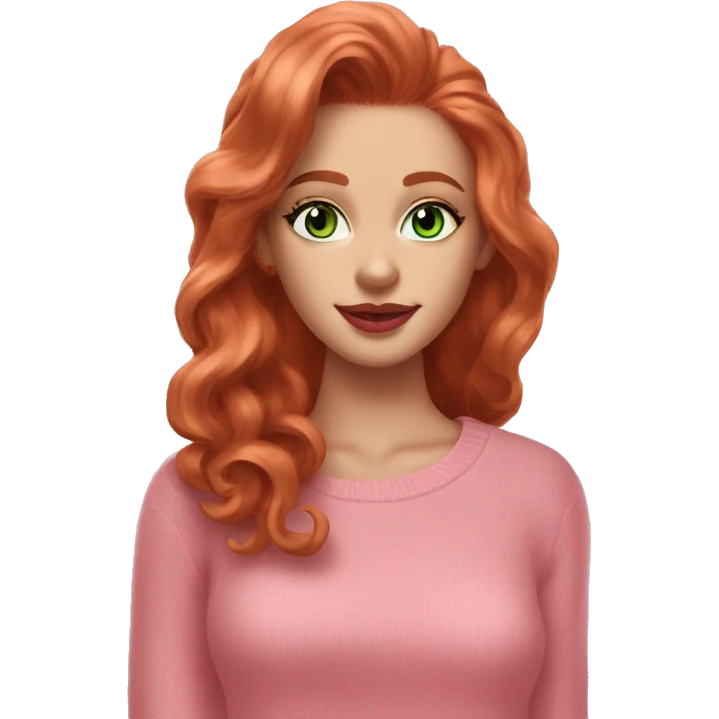 Redhead girl pink sweater pink lipstick green eyes gold earrings pink nails wavy long hair full body emoji