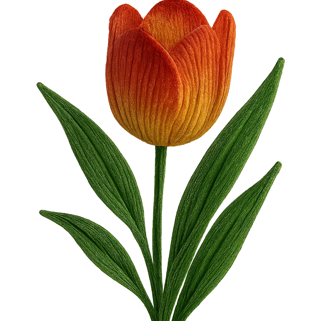 french beaded tulip, floral craft, sparkling glass beads, orange and yellow gradient petals, green foliage, realistic, elegant, no background emoji
