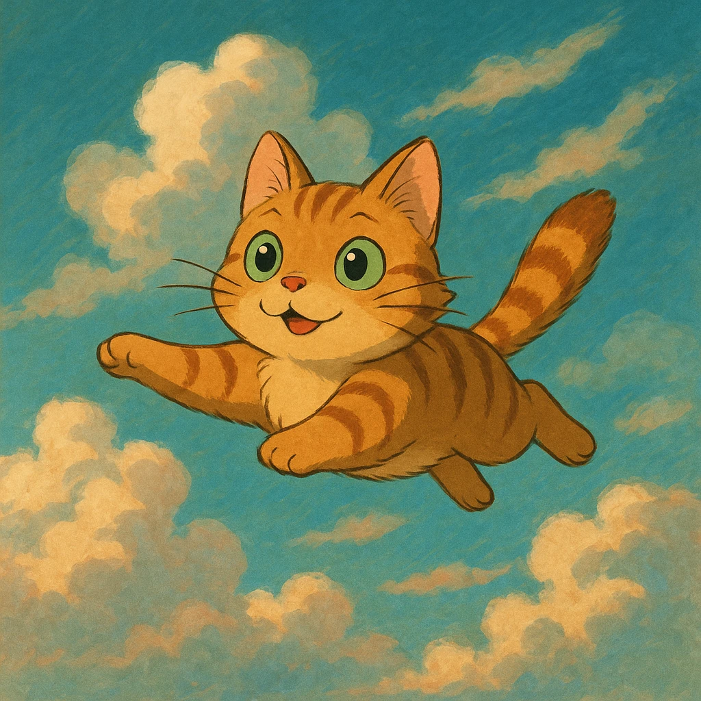 flying cat with expressive eyes in a dreamy sky background in ghibli style emoji