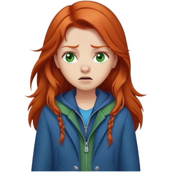 Redhead girl with long hair, green eyes, blue jacket, upset expression emoji