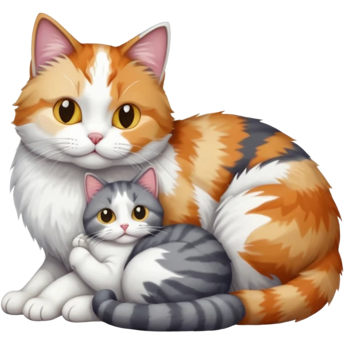 full body colourful light patched calico + white tabby cat cuddling a grey and white cat  emoji