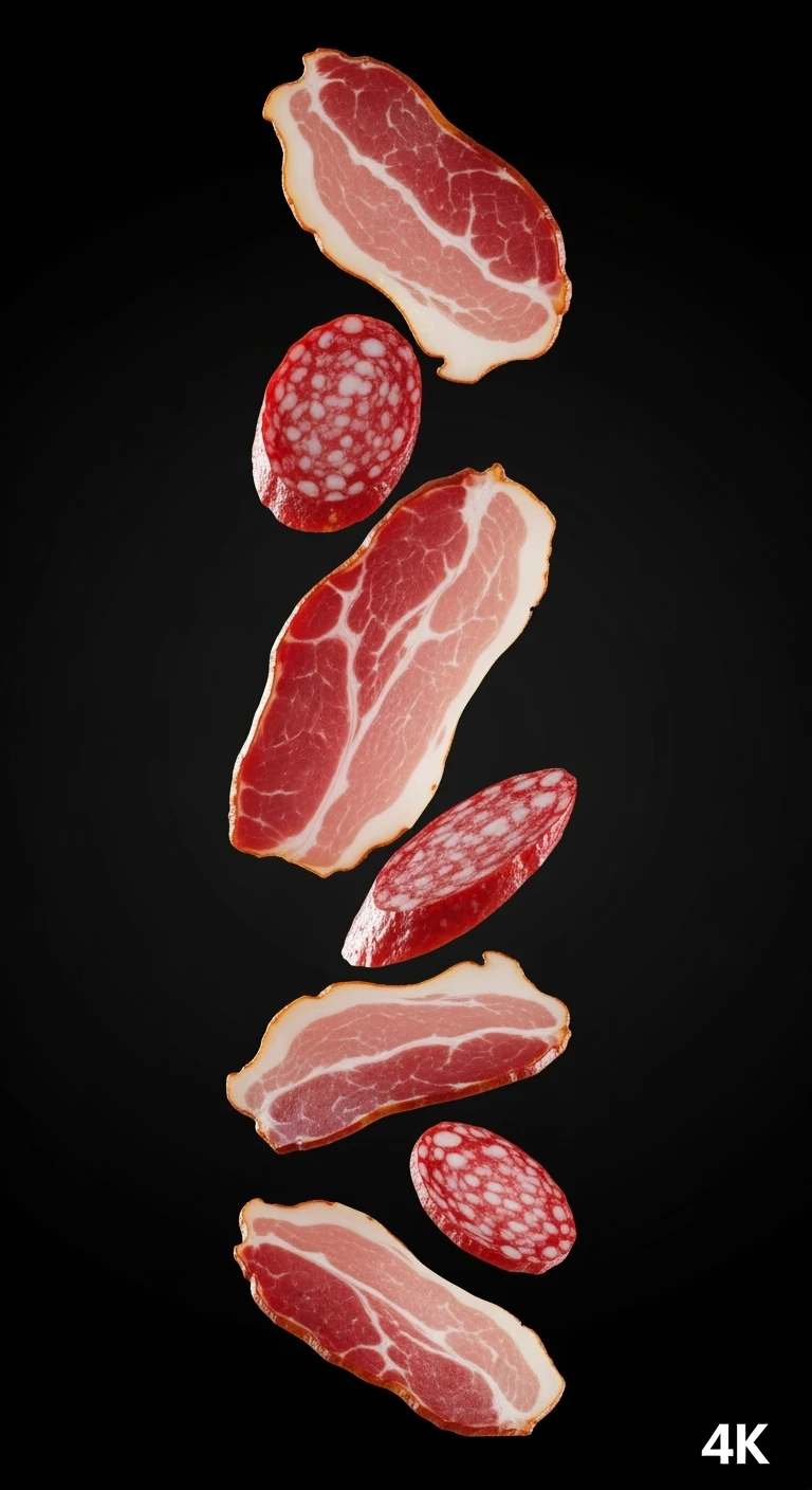 fettine di prosciutto cotto e di salame fluttuano in aria verticalmente, IPERREALISTICA 4K emoji
