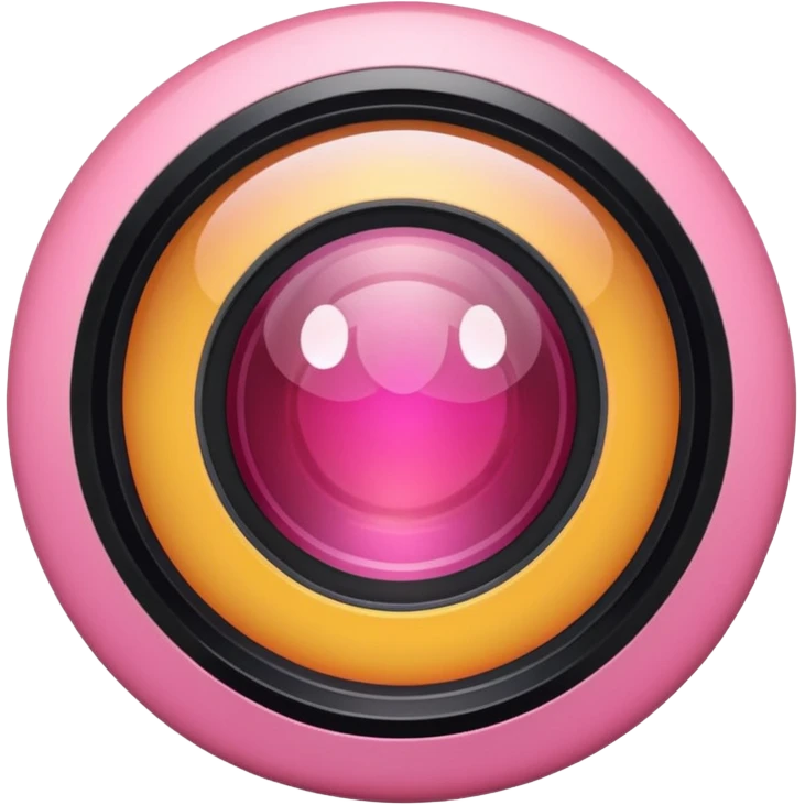A round camera lens, apple emoji style, minimalist, with highlights, pink, no faces, no smileys, only lens emoji