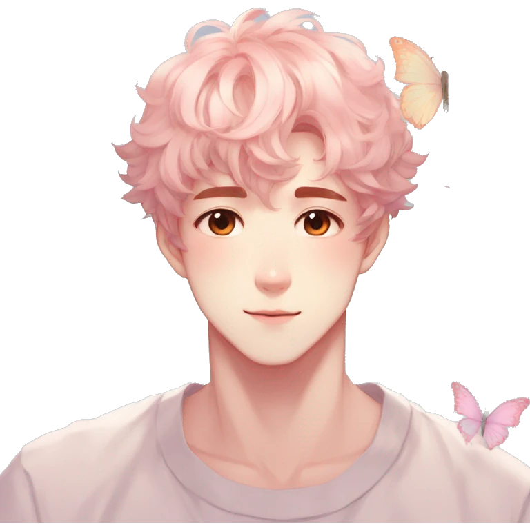 Gorgeous pastel anime style shojo man with blushing face and butterflies aesthetic and pretty hair trending style emoji