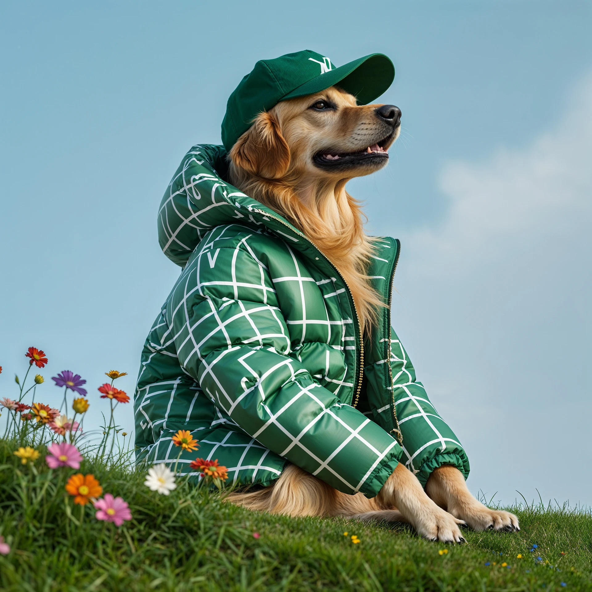 Profile Medium shot, Photo of a happy golden retriver sitting, dress in abstract (green) grid puffer Louis Vuitton jacket, express body, soft light, golden retriver sitting on grass hill with colorfull flowers, green cap, blue minimalistic sky in background, studio emoji