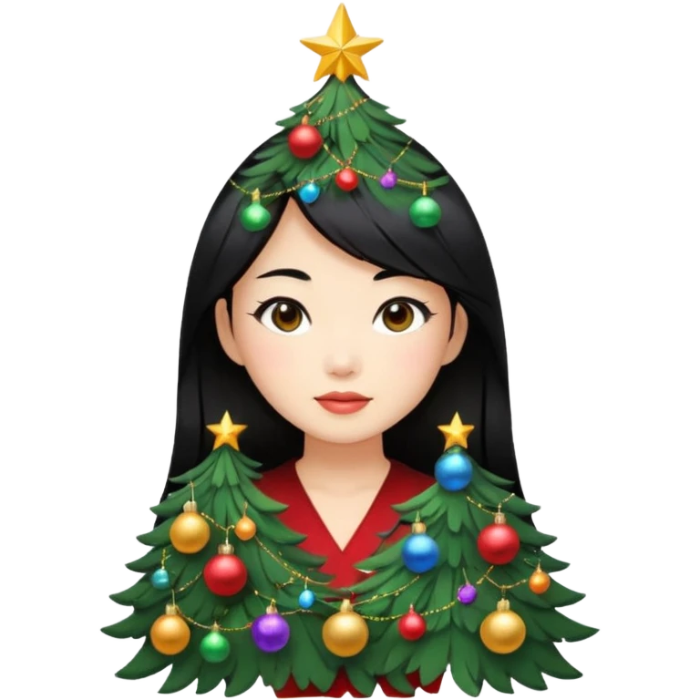a asian woman whose black hair is a Christmas tree emoji