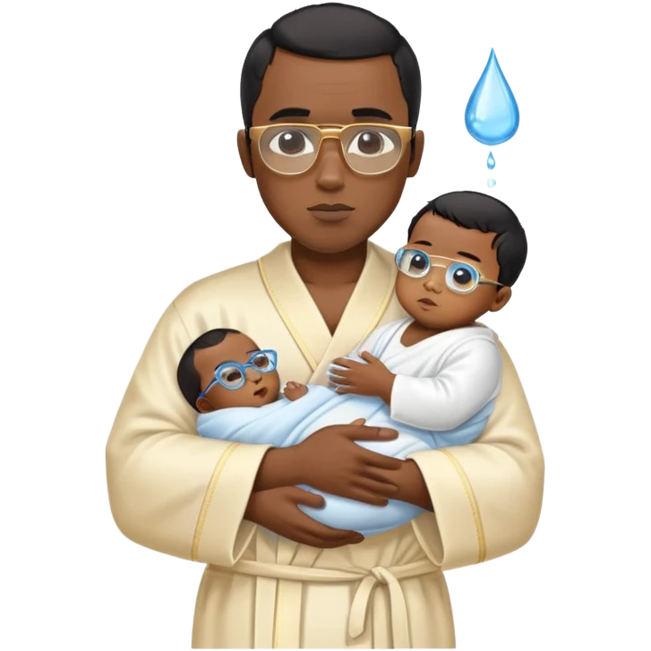 A black male named diddy with short black hair and gold and blue rectangular glasses wearing nothing but a white robe while he holds a baby and baby oil emoji