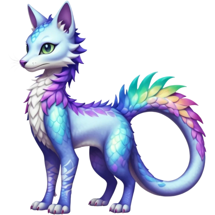 Kawaii iridescent beautiful pretty elegant divine edgy fantasy feline-vernid-sergal-fursona-animal-creature with a tufted tail and accessories, full body with intricate markings  emoji