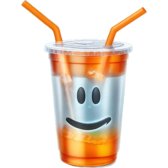 Realistic plastic cup and lid with Transluscent orange soda and large ice cubes inside and one straw through the top of the lid. emoji