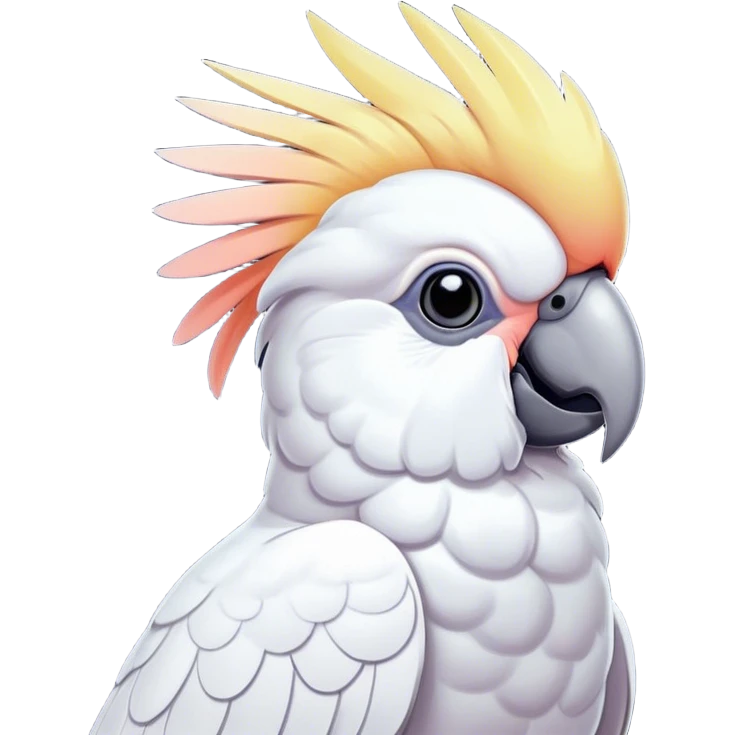 Cinematic Noble Cockatoo Portrait Emoji, Poised and regal, with a striking, crest-adorned head of brilliant white and pastel hues, a robust, curved beak, and piercing, intelligent eyes, Simplified yet sharp and sophisticated features, highly detailed, glowing with a soft, tropical luminescence, high shine, intelligent and majestic, stylized with an air of avian elegance, focused and alert, soft glowing outline, capturing the essence of a watchful and confident cockatoo that appears ready to unfurl its crest out of the screen with effortless authority! emoji