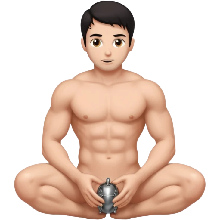 Submissive dark haired man on his knees naked wearing a chastity cage on his little penis emoji