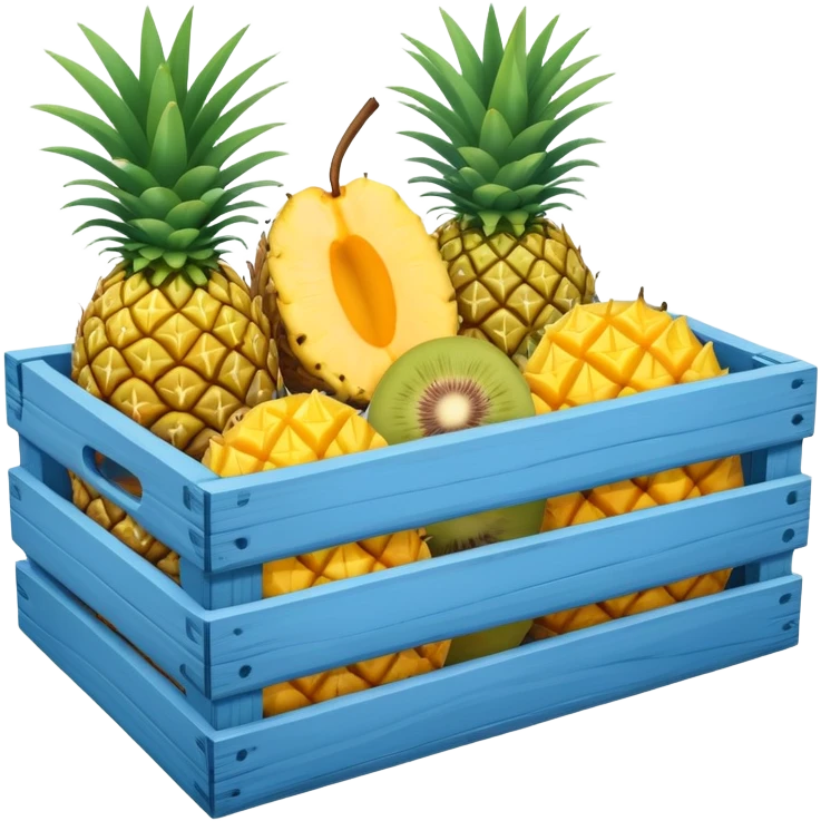 pineapples, mango and passion fruit in a blue crate emoji