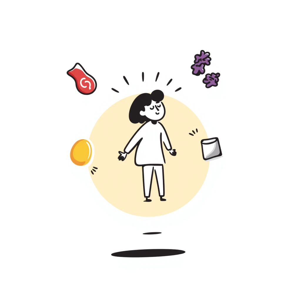 Floating orb of warm light containing mini bright icons: red meat, golden egg, purple beans, translucent tofu block and yogurt glass, slowly rotating around a radiant body figure that radiates strength and balance emoji