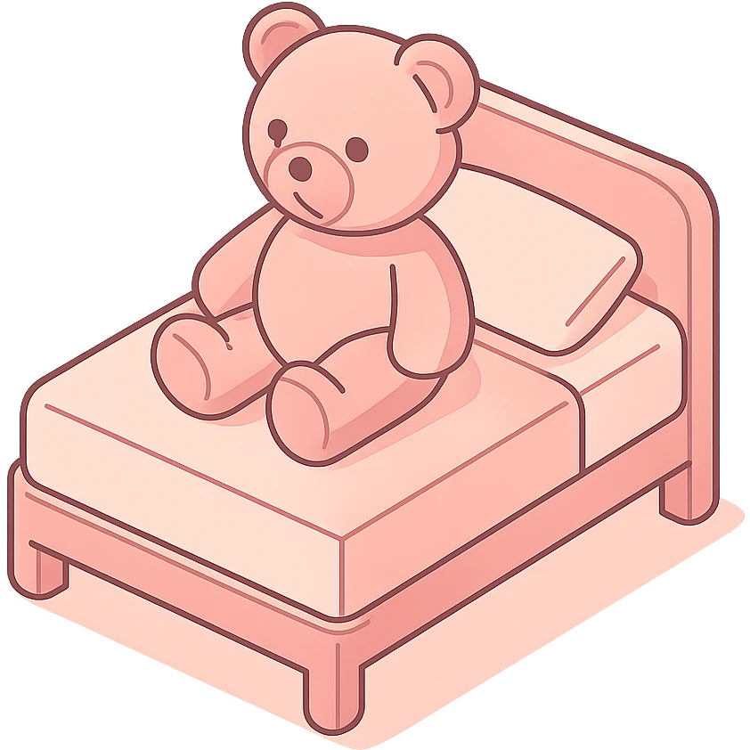 Add a cute teddy bear sitting on the bed, keep the minimalist isometric style and pink color, no background. emoji