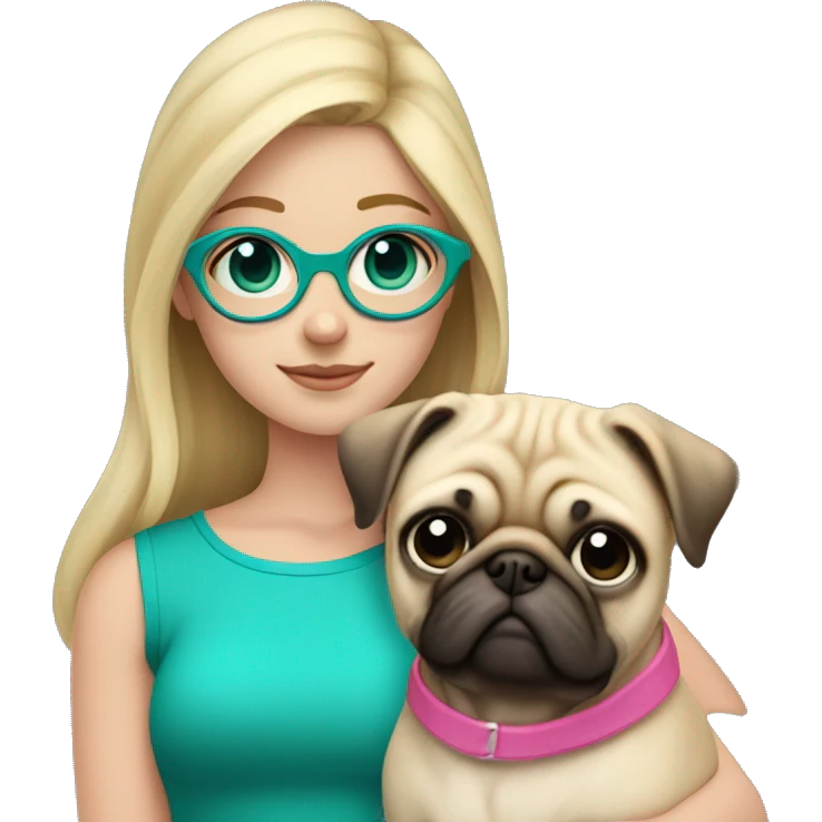 Blond haired Girl with teal eyes with pink glasses and pink shirt holding a pug  emoji