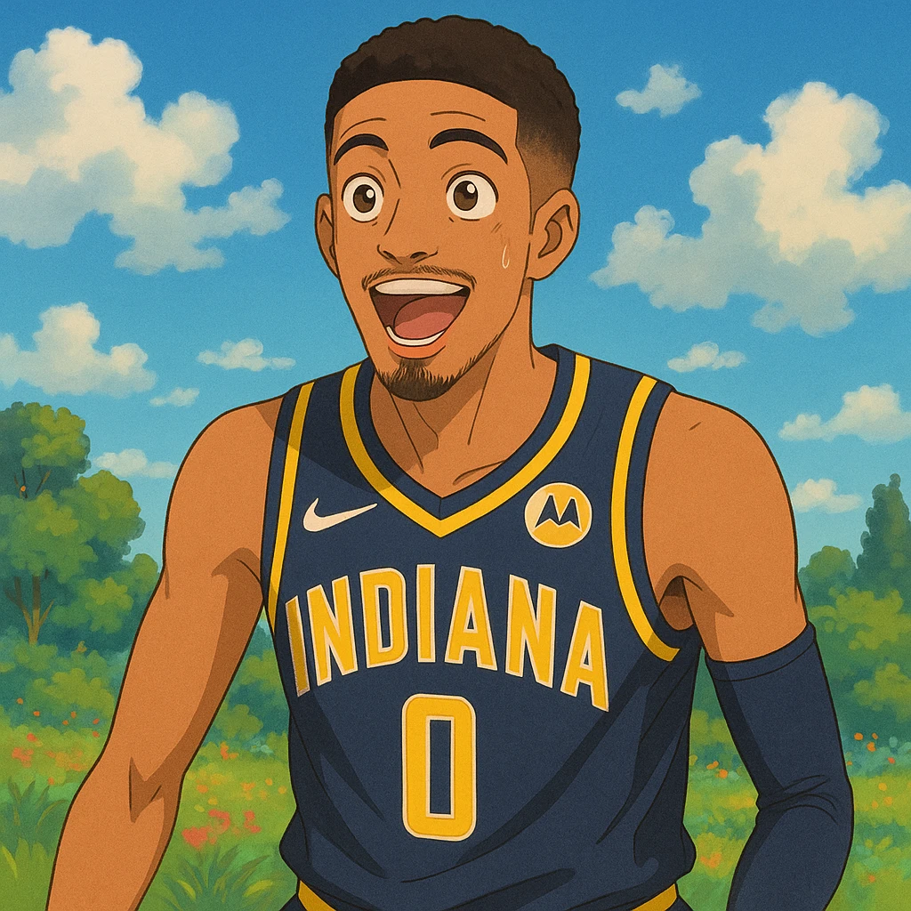 Tyrese Haliburton wearing an Indiana Pacers jersey, expressive and detailed, vibrant colors, soft shading, whimsical background in Ghibli style emoji