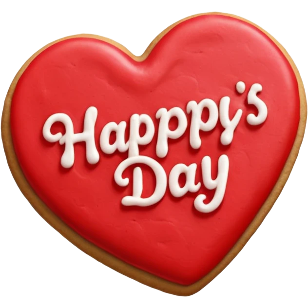 Heart-shaped cookie with red icing emoji, write happy valentine's day on top of the red icing in white icing emoji