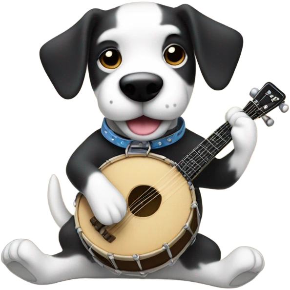 Black and white dog playing banjo emoji