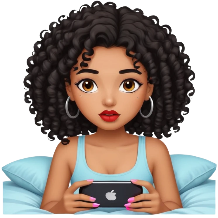 Brown-skinned teenage girl with curly black hair lying on bed looking at phone, heavy makeup, big lips, crop top, choni style emoji