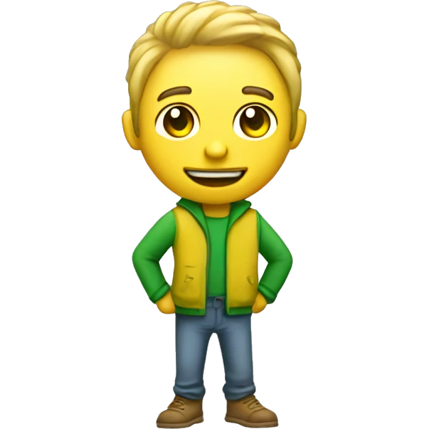 Create a simple friendly token character who has a big coin head and a skinny body. make his main colors of his body green + yellow, his clothes can be whatever color is best fit emoji