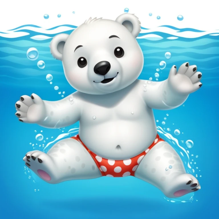 friendly anthropomorphised polar bear swimming in a wide pool scene, wearing polka dot swim trunks and snorkel gear emoji