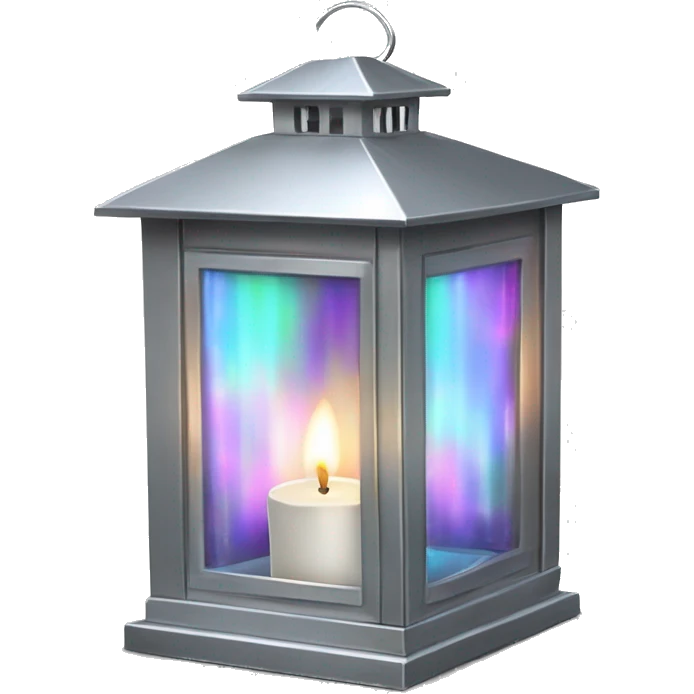 Realistic isolated metallic silver holographic lantern with glass windows and metallic silver lir candle inside. emoji