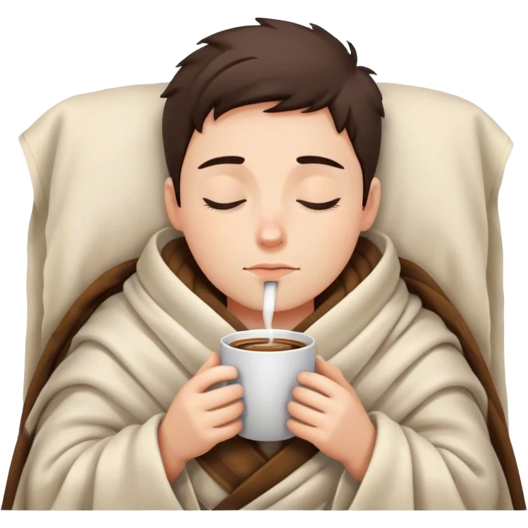 Boy inside a blanket sipping coffee eyes closed emoji