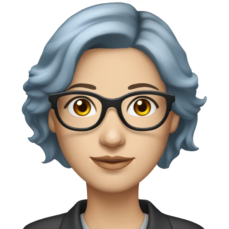 Caucasian woman with chin length layered blue hair and grey eyes wearing light grey square-shaped glasses and a black collared shirt emoji