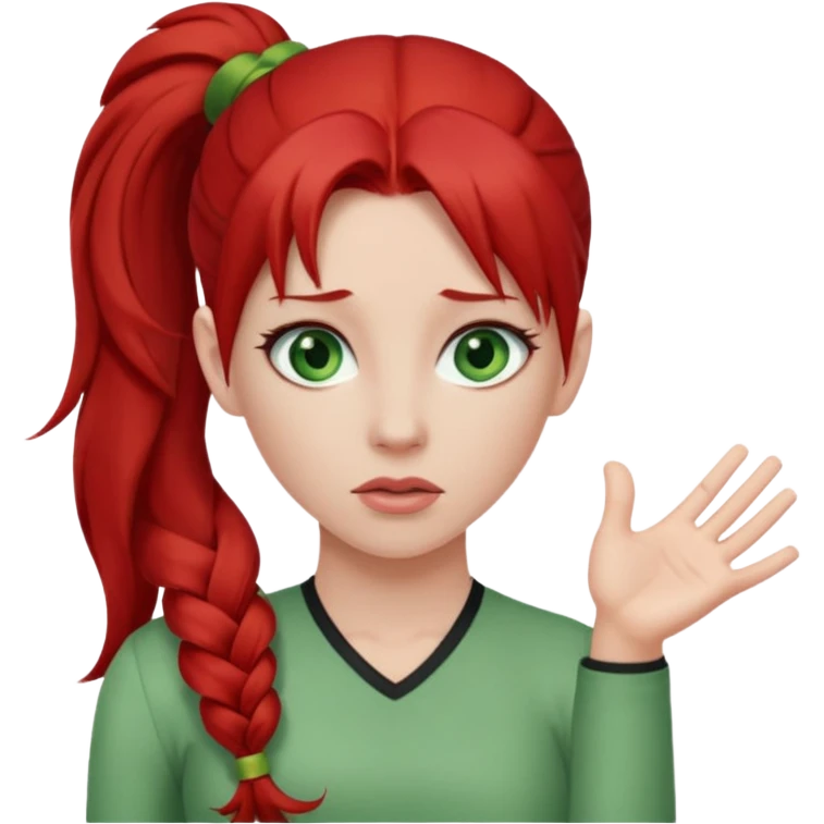 Woman with long red ponytail and green eyes shruggingonytail and green eyes shrugging emoji
