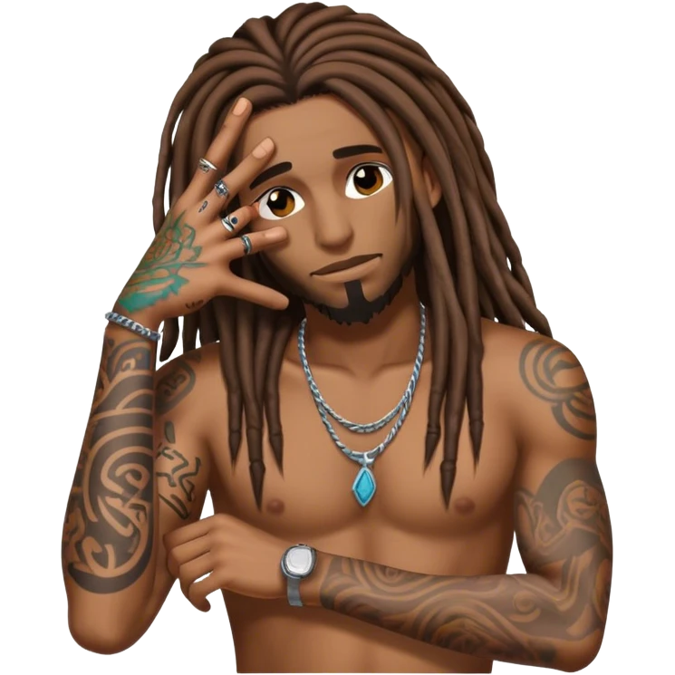 brownskin male with brown long dreads covering his eyes and tattoos on his left arm emoji