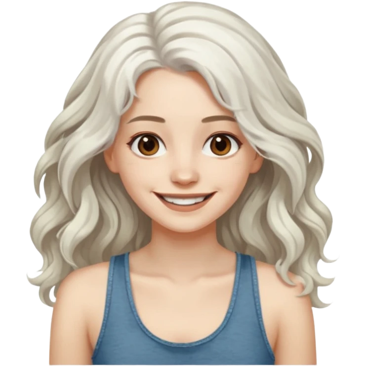 woman with wavy long white hair and brown eyes. smiling in a grunge tanktop. pale skin. emoji