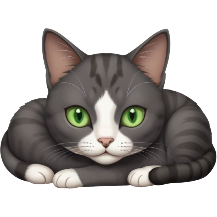 beautiful female solid dark grey cat with green eyes, white toes/paws and white patch on her chest lying down emoji