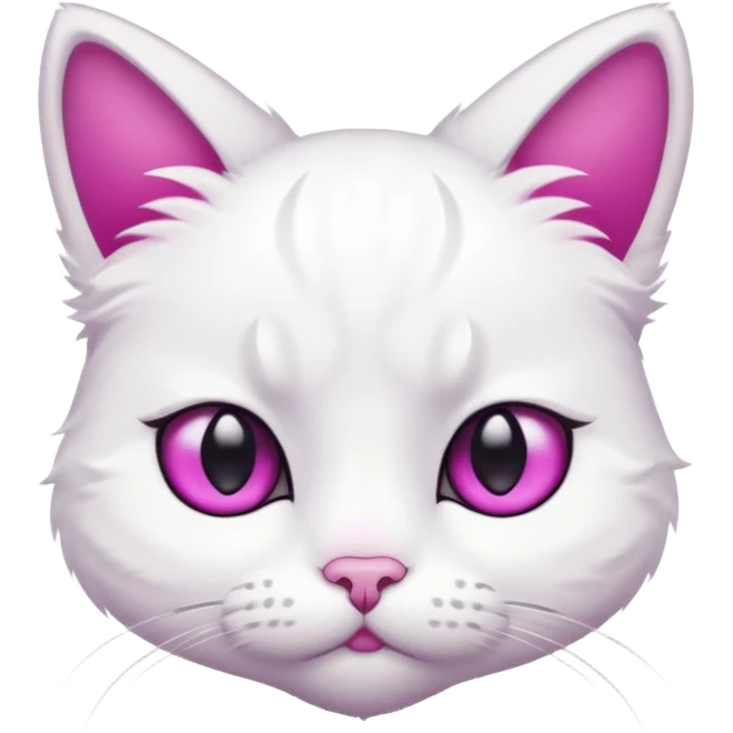 White cat, sad face, tear drop below one eye, magenta eyes, black background, cute cartoon style emoji