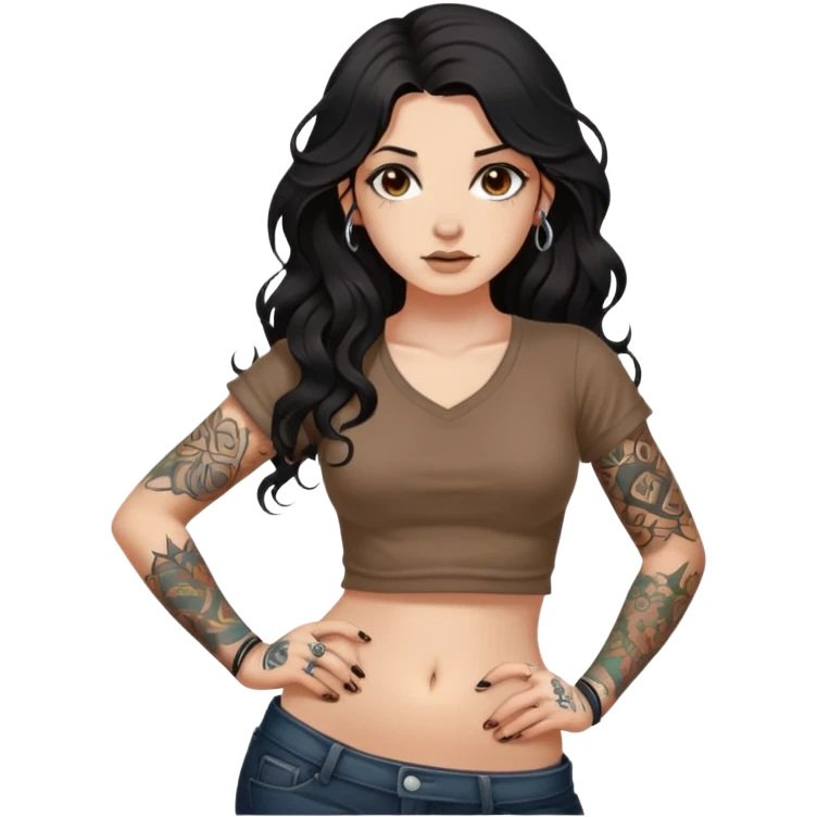 A girl with fair skin and a little fat - long black hair with big waves - tattoos on her arms - wearing a brown navel-revealing short-sleeved shirt - with a navel piercing emoji