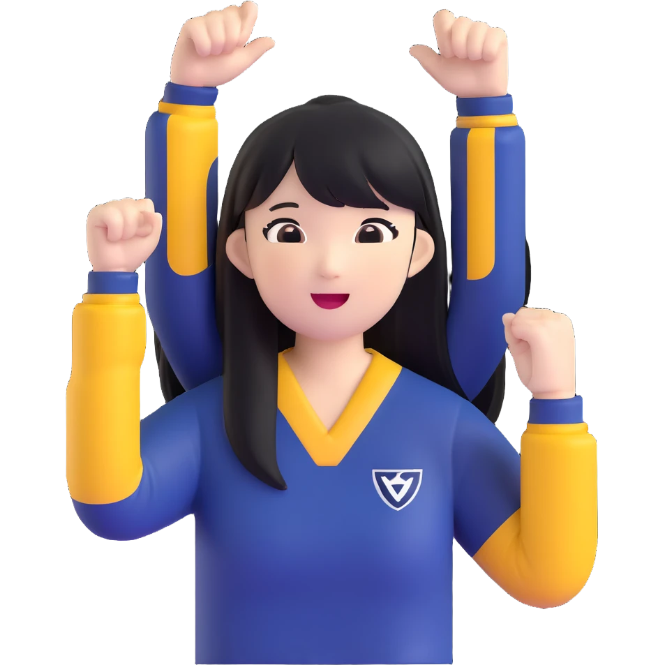 East Asian woman with long black straight hair and bangs wearing navy and white Doosan Bears team colors, cheering emoji