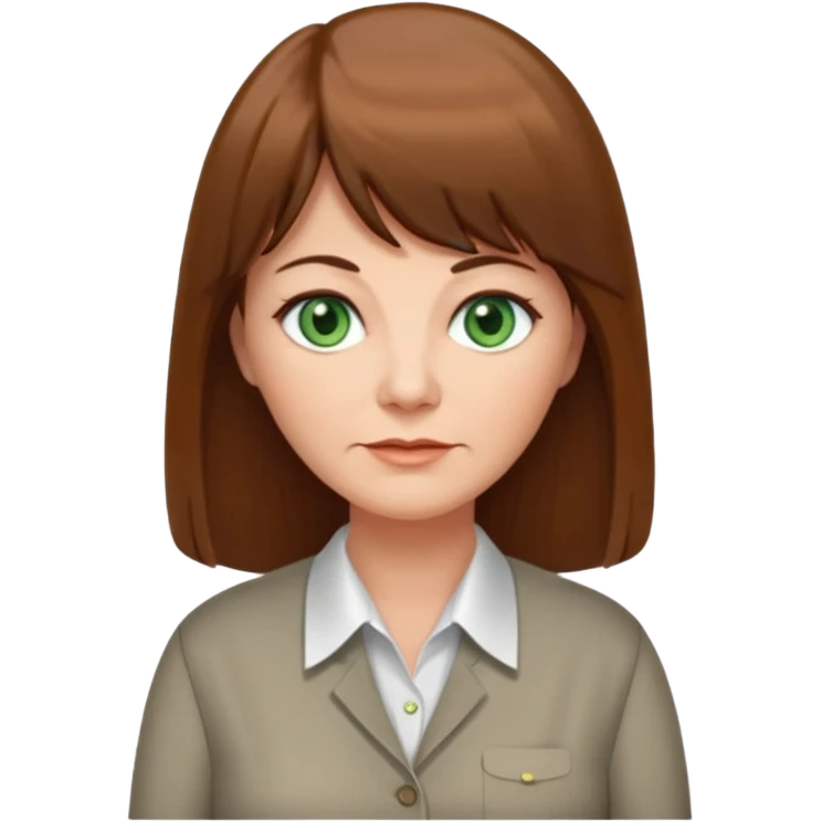 60 yr old woman, green eyes, long straight hair, business shirt, chubby, bangs emoji