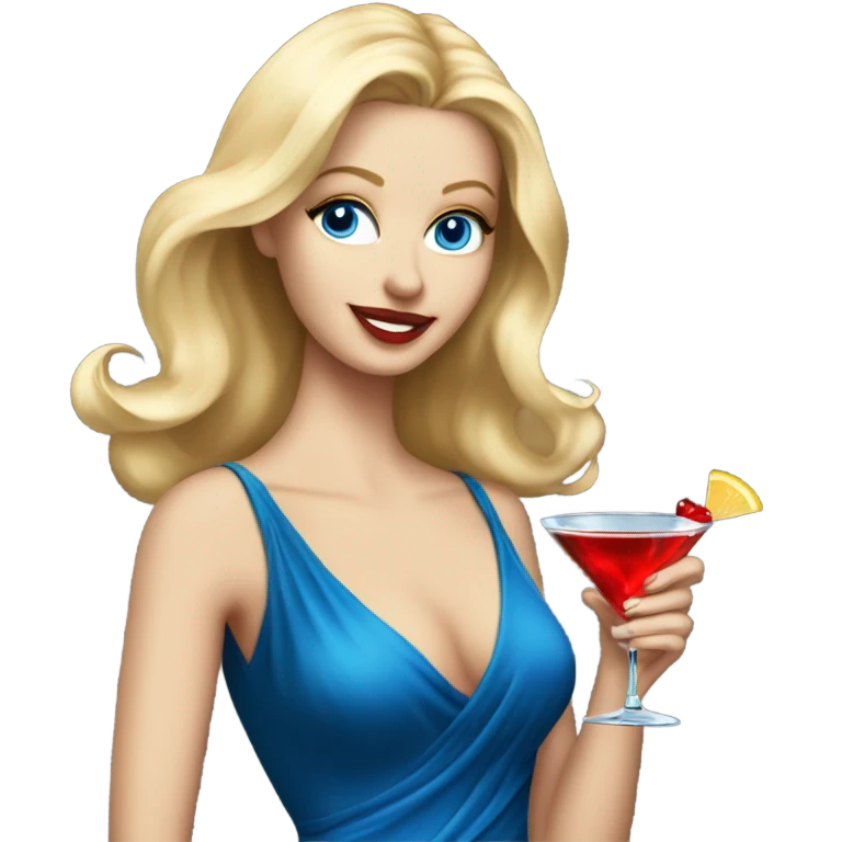 Beautiful blonde white woman with blue eyes and red dress dancing with martini emoji
