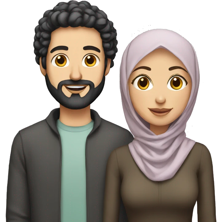 White man without a beard with curly black hairs with her wife wear a hijab  emoji