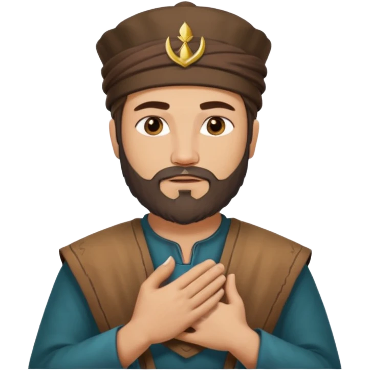 ایسا تصویر بناو جس میں ارتعرل کا عثمان جیسا بندہ دل پر ہاتھ رکھے ہوئے تابعداری کے حالت میں نظر ائے۔ emoji