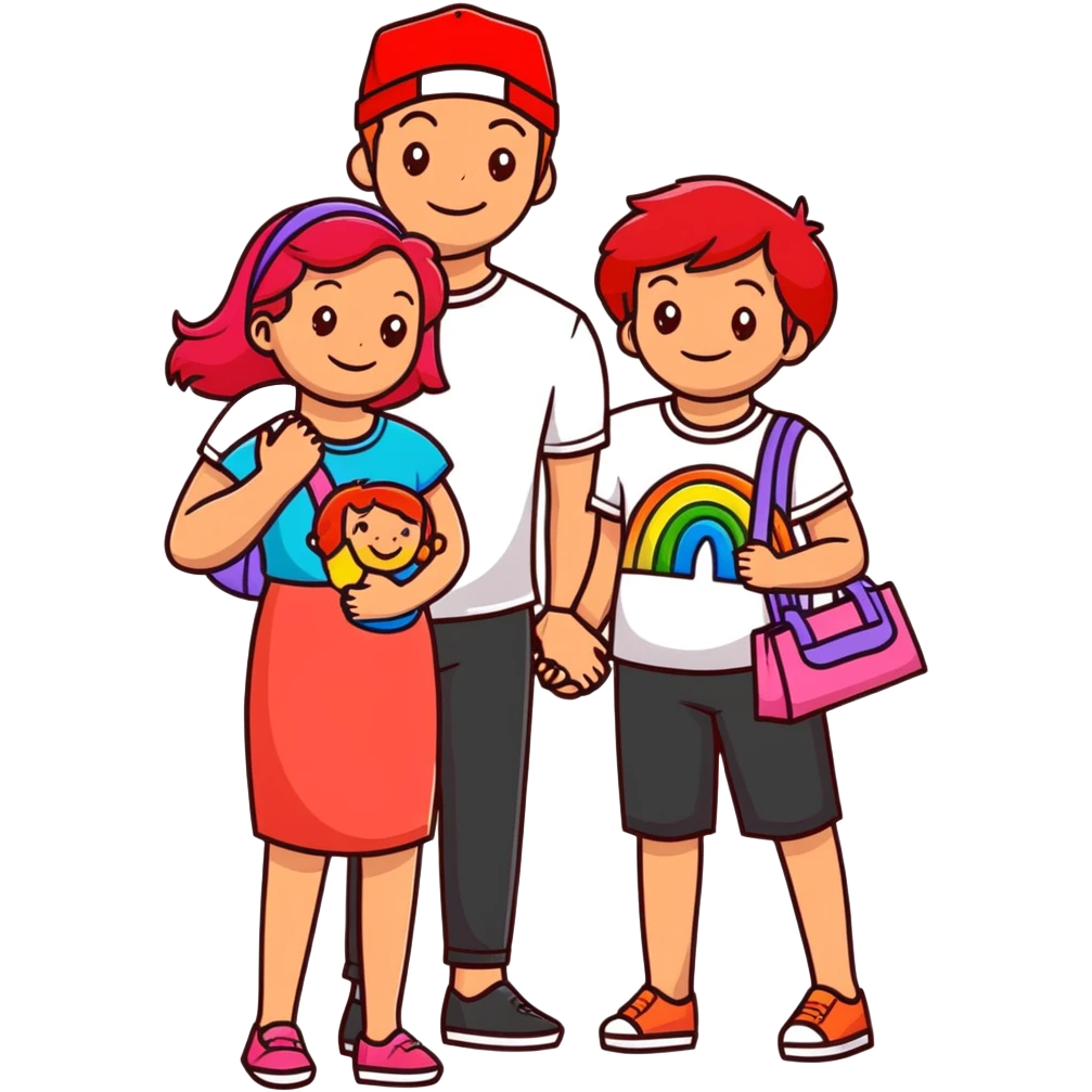 A happy family of four - father in white t-shirt and cap, mother with red hair in coral dress, young daughter in matching dress with rainbow handbag, teenage son in light embroidered shirt, all smiling together emoji