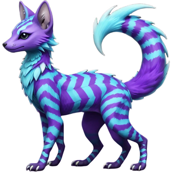Feral Rare Fantasy  Lightning-strike-zig-zag-patterned striking purple-indigo-violet-blue-cyan-gradients with black points, white underside, galactic stormy edgy badass realistic Vernid-Sergal-Genet-Trico-species by LiLaiRa, random markings, tufted tail, tufted ears, full body emoji