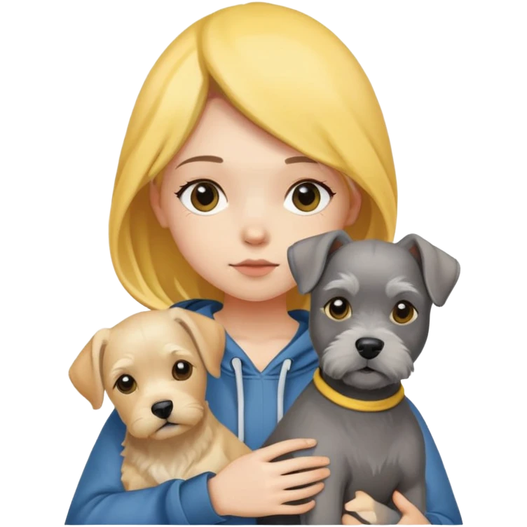 A girl with yellow hair wearing a hoodie holding a schnauzer and a labrador emoji