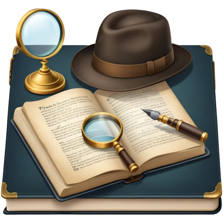 Icon for Detective Reading: an open book with text and a magnifying glass, a detective’s hat and a notebook with clues, surrounded by dark shadows and mysterious elements like footprints. Transparent background. emoji