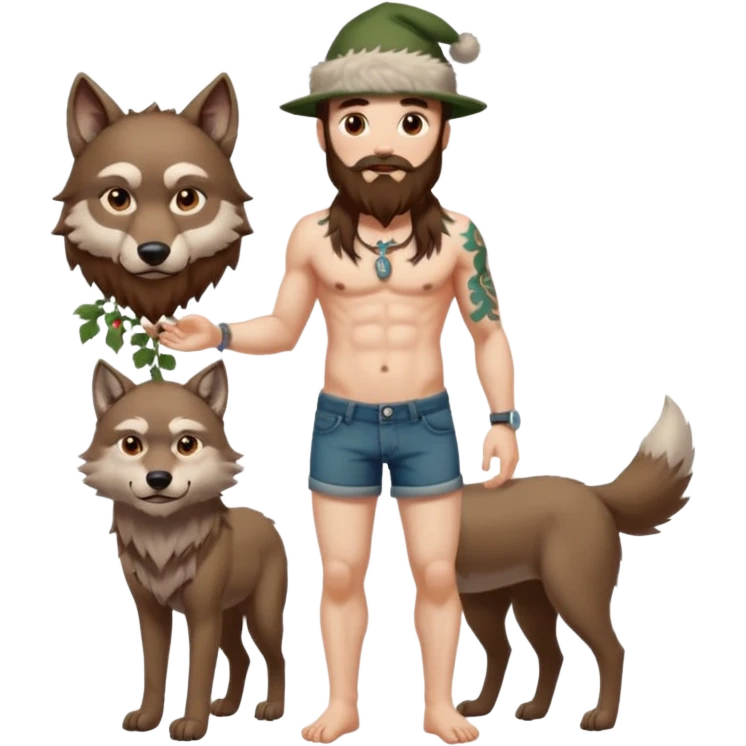 full body man long brown hair brown eyes medium beard white skin shirtless with vine tattoos and wolf hat emoji