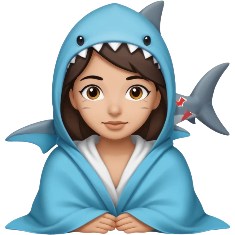 Egyptian-haired girl with black eyebrows, brown hair, Iranian descent, wearing a shark costume with a blanket. emoji