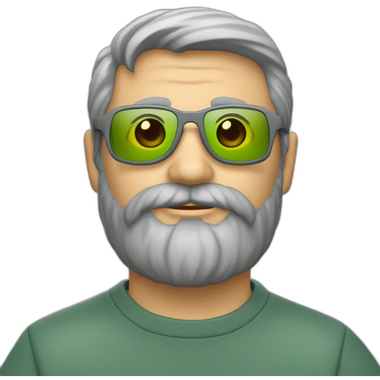 un homme d'une quarantaine d'années avec un barbe grise coupée courte cheveux gris  avec des lunettes vertes et sweatshirt gris foncé emoji