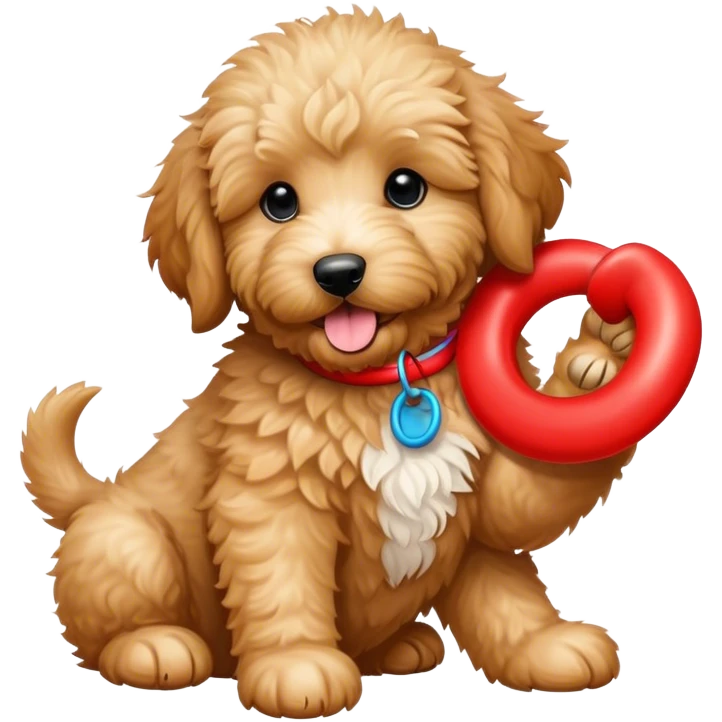 Golden doodle puppy playing with red ring toy emoji