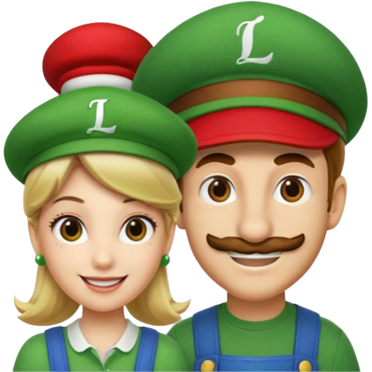blonde female Luigi (with the Luigi green hat with an L on it) and a normal brown hair male Mario with the red hat. They are friends just smiling emoji