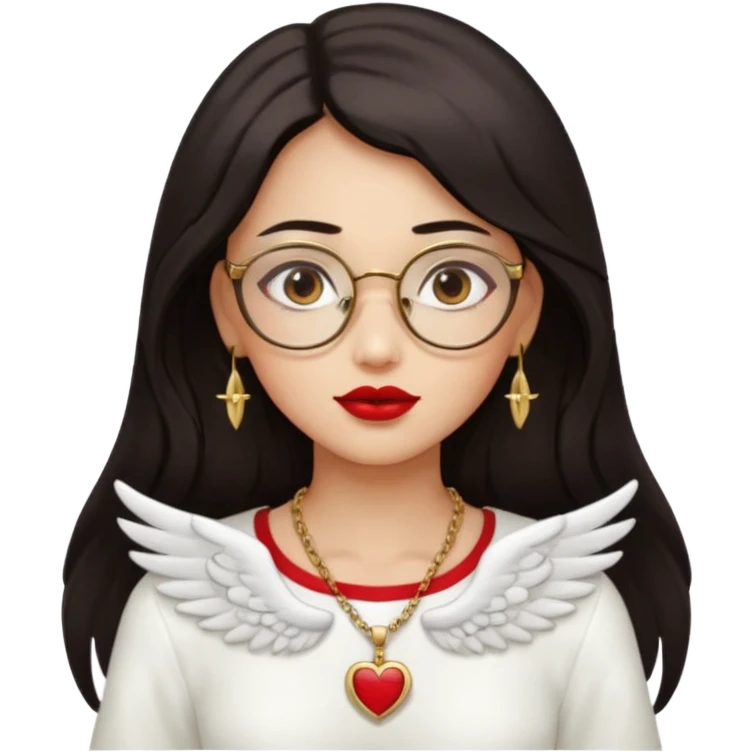 Angel girl with eyeglasses and Middle parted hair long dark hair with red lipstick  and push gold necklaces and dark eyes with withe wings emoji