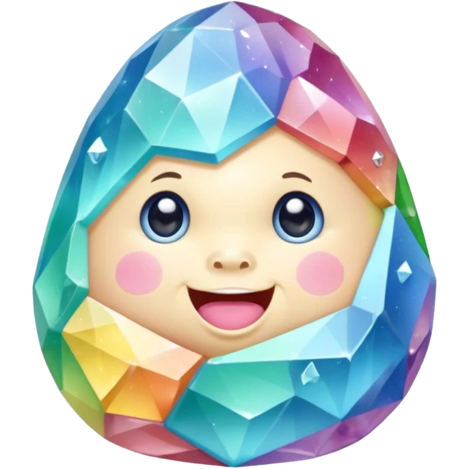 A single pastel rainbow crystal baby rock character, chubby and heavy with a chunky, irregular polygon shape, not egg-shaped, covered in faceted crystal planes and small chips, big glossy rainbow eyes and a small smiling mout emoji